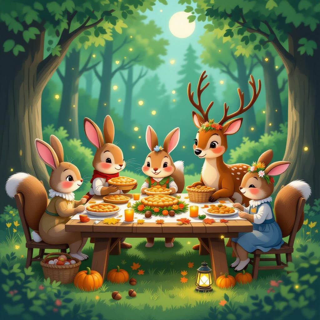 Woodland Animals Thanksgiving Feast in Forest Clearing