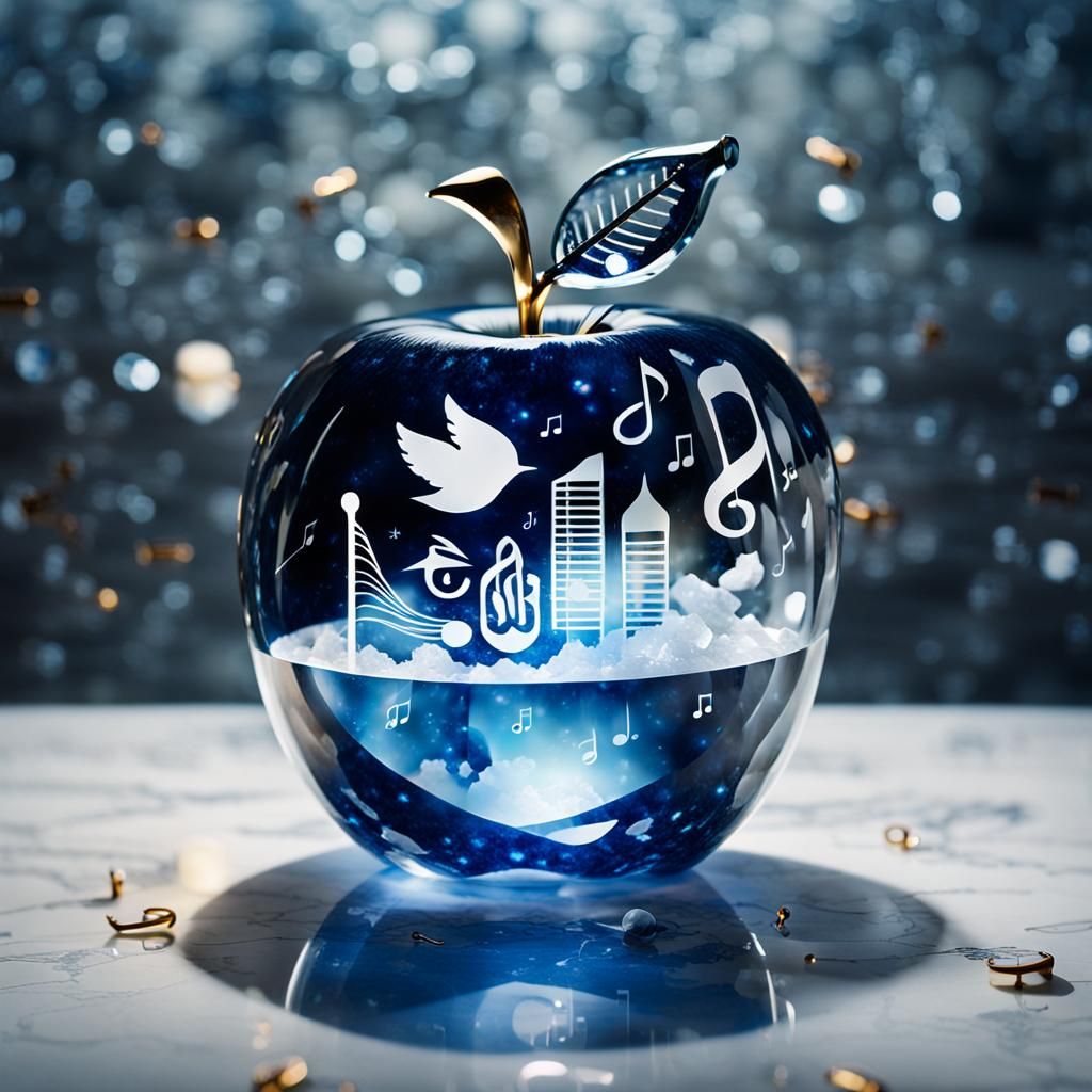 Crystal Apple with Floating Musical Instruments