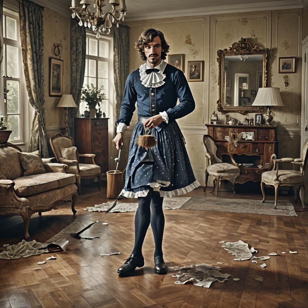 Masculine Man Crossdressed in Frilly Dress Cleaning Living R...
