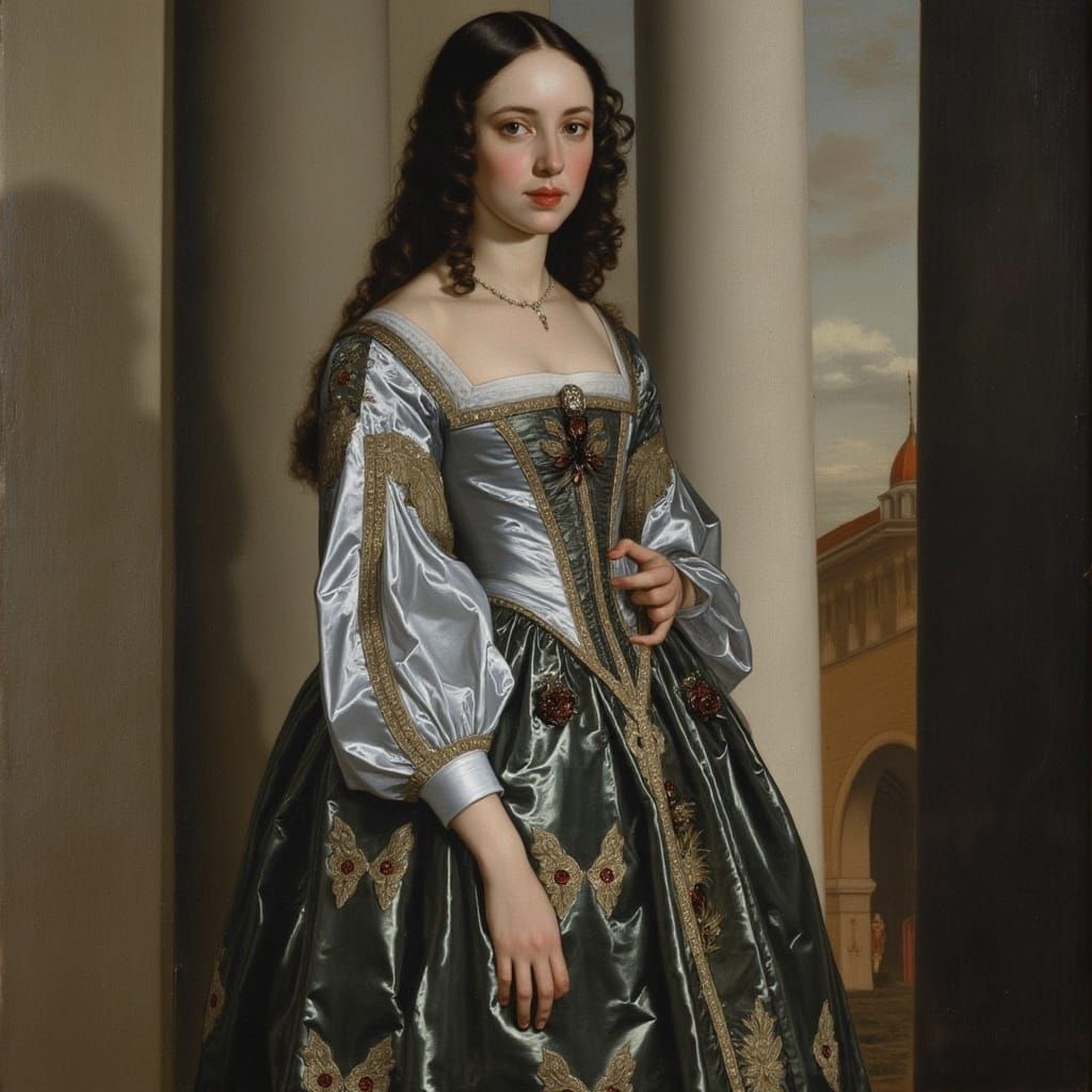Baroque Beauty: Elegant Young Woman in Mid 17th Century Atti...