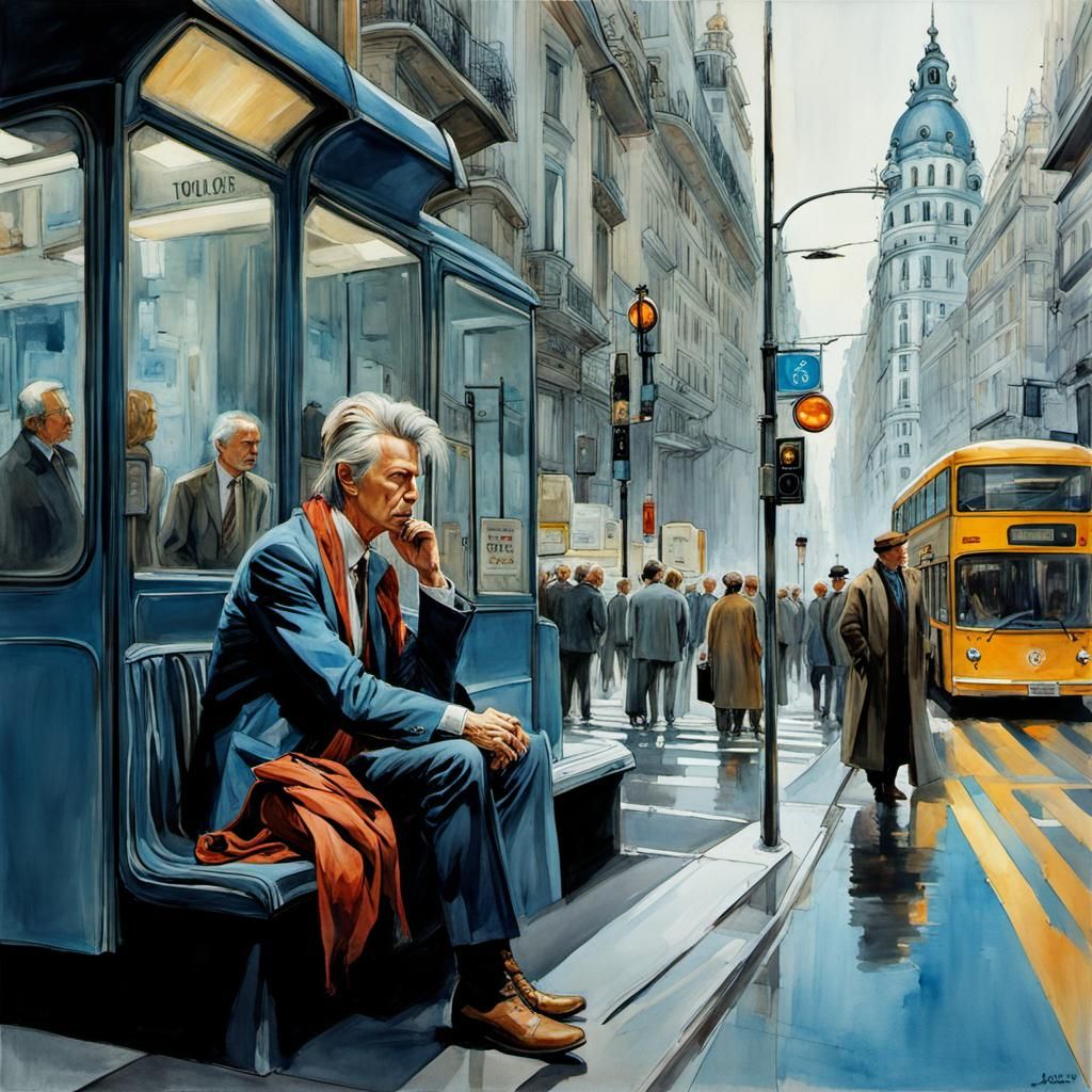 David Bowie Waits for Bus: Watercolor Illustration
