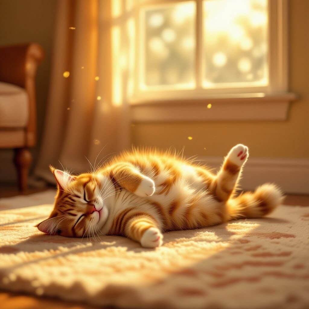 Playful Orange Cat Rolling in Sunlit Room, Painterly Style