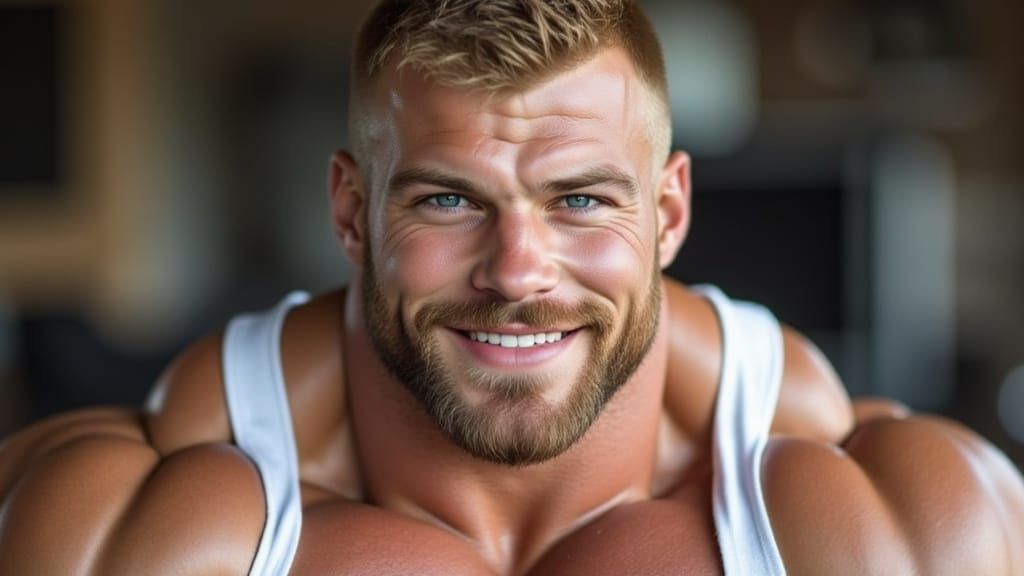 A hyper-masculine, muscular, handsome man with a big friendl...