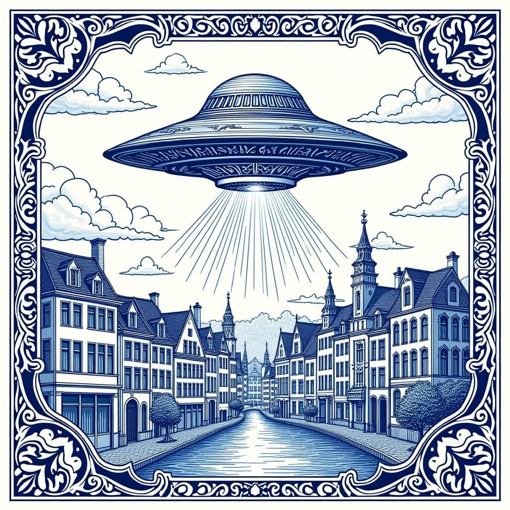 UFO over Belgian City in Flemish Baroque Style