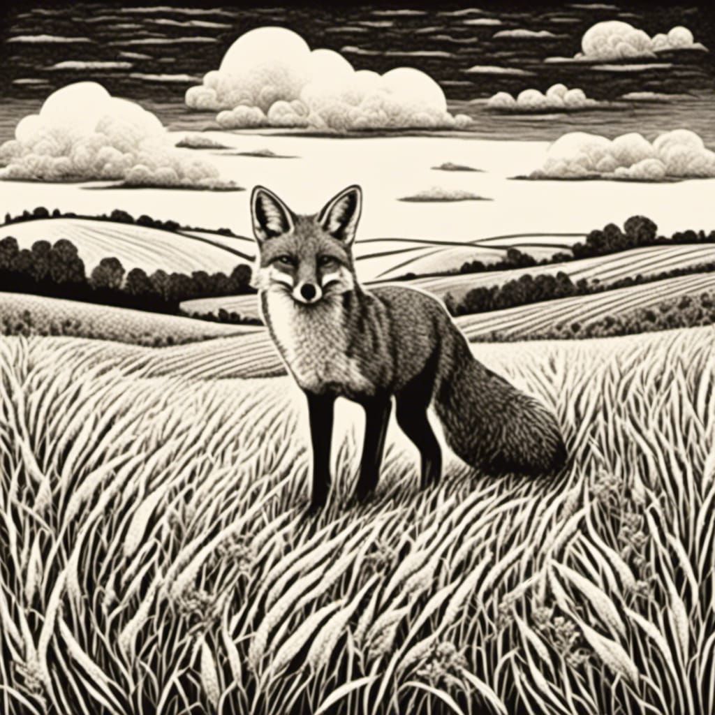 Fox in Stubble Field: Wood Engraving Style
