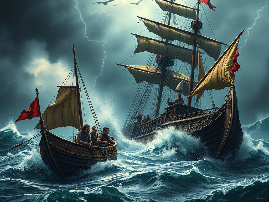 Fishing Boat on Collision Course with 17th-Century Galleon i...