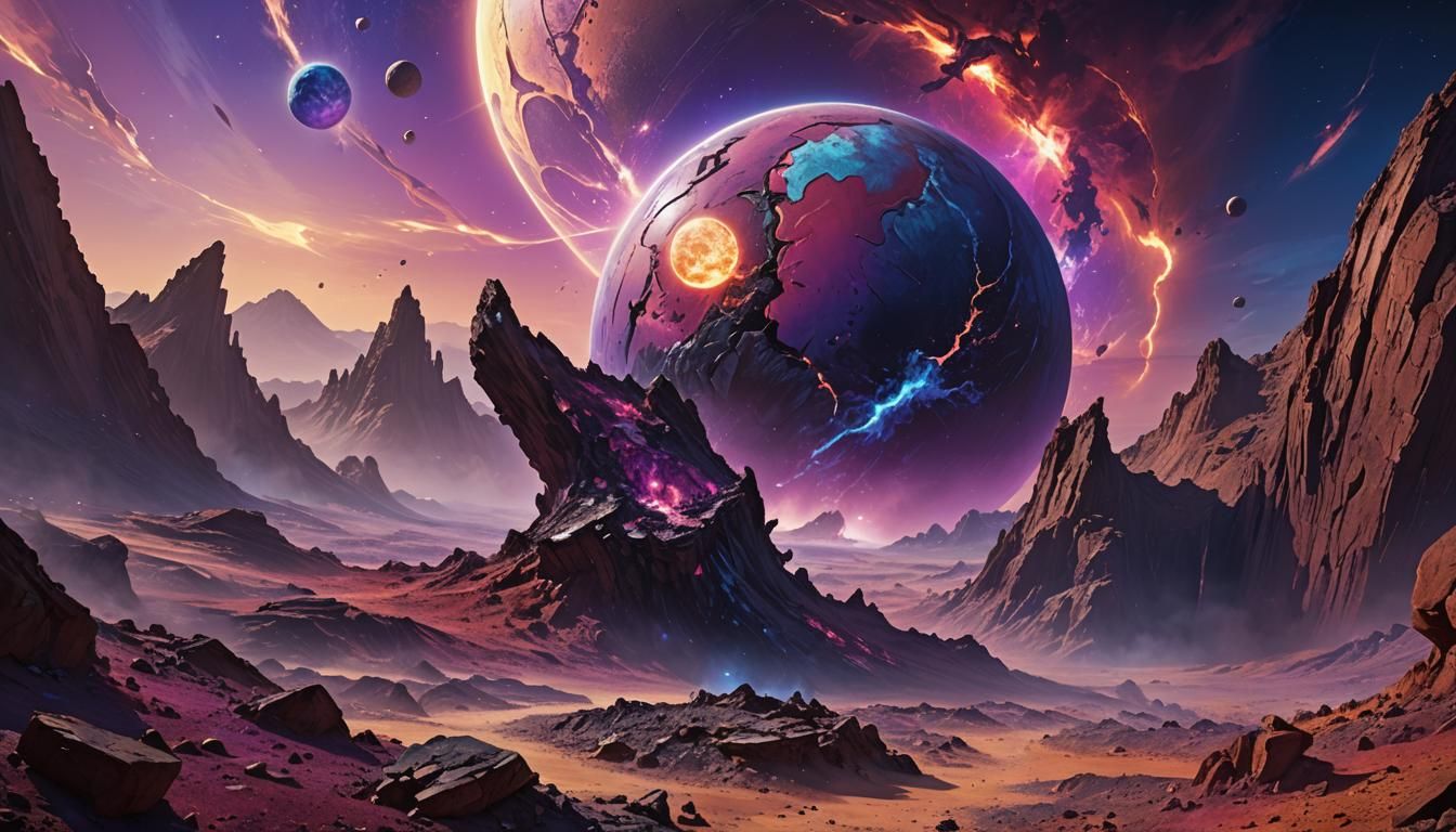 War-Torn Planet with Shattered Moon in Hyperrealism