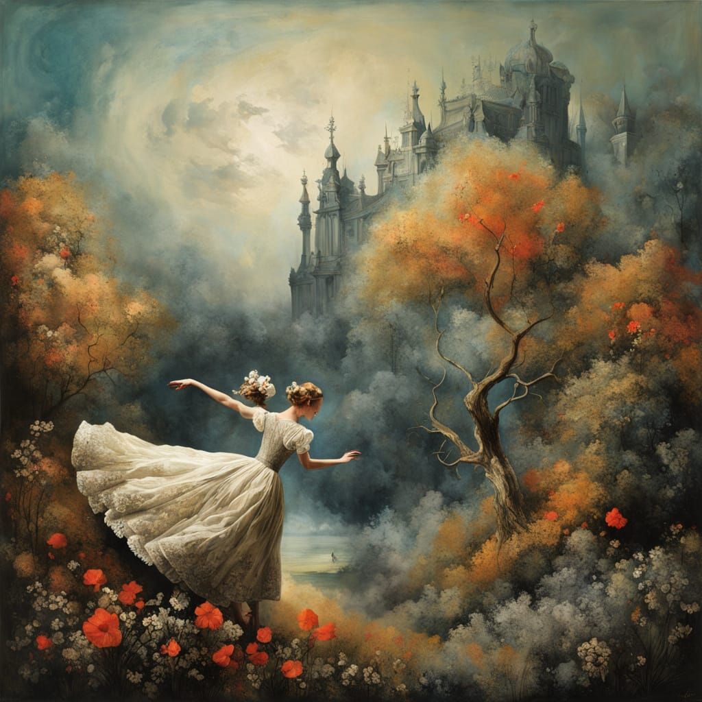 Dancers in Surreal Landscape: Textured Acrylic Ink Art