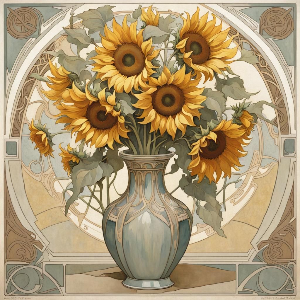 Sunflowers in Vase, Art Nouveau Style