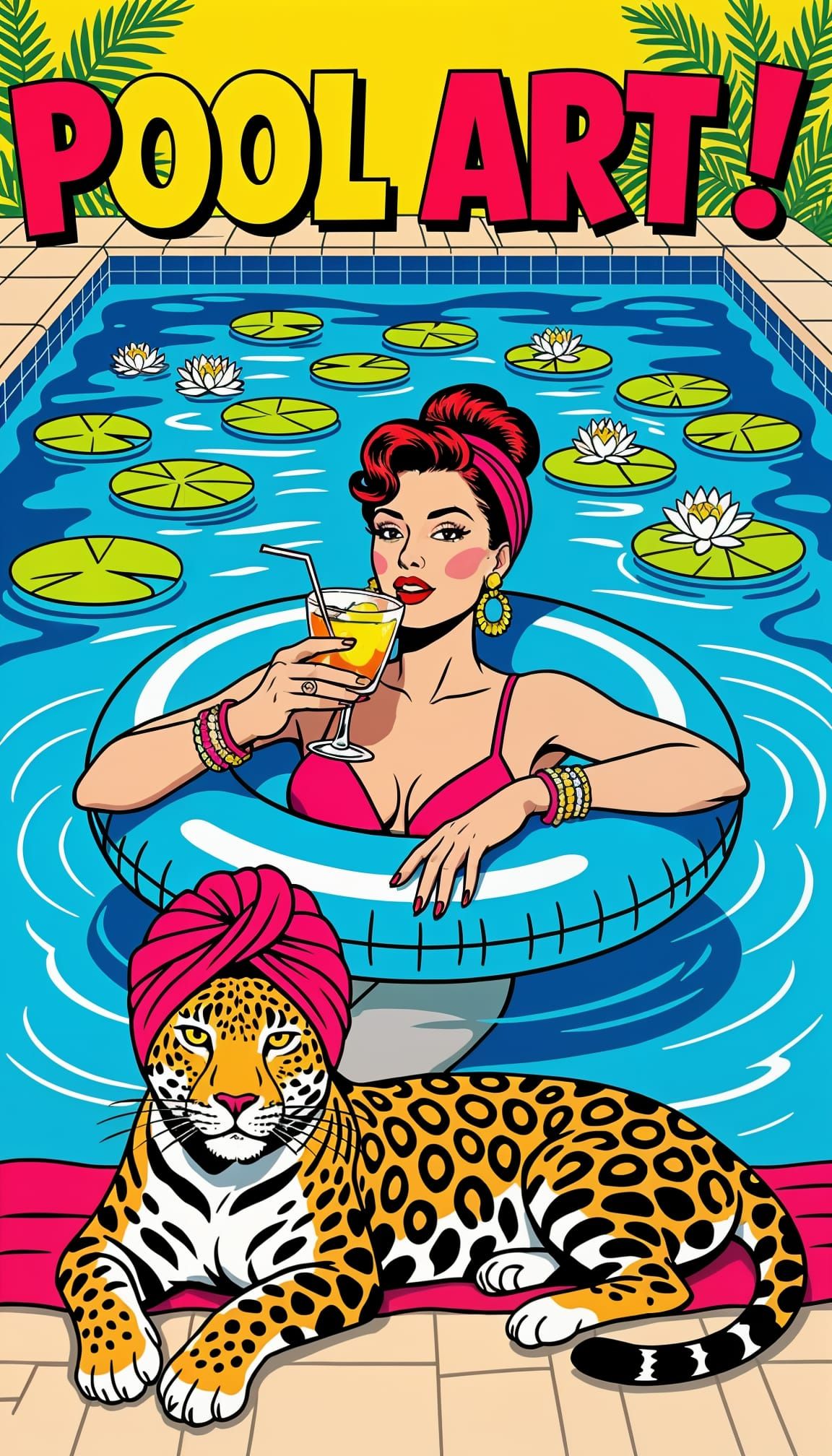 Pop Art Pool Scene with Woman and Water Lilies