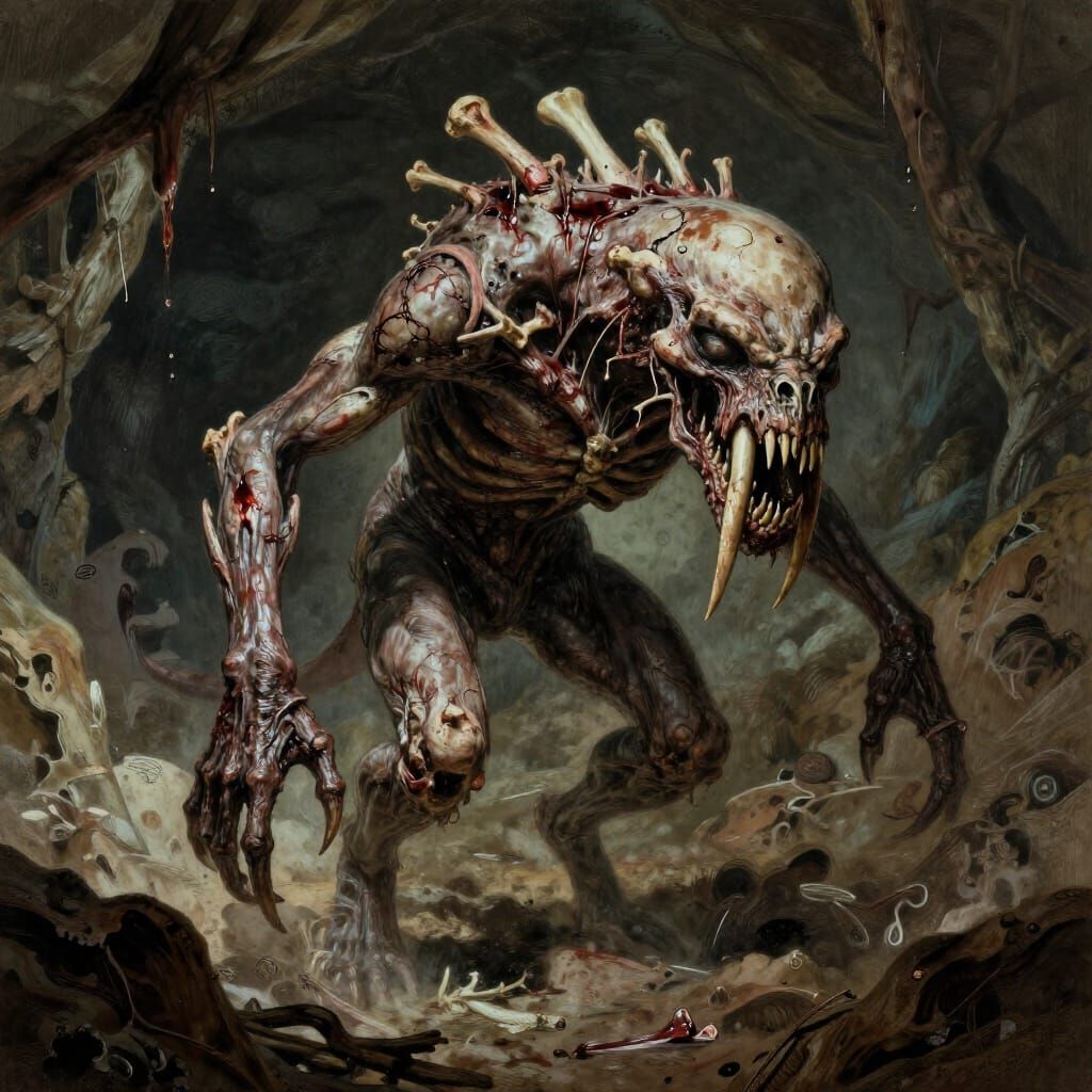 Horror Beast with Fangs and Wounds in Cave