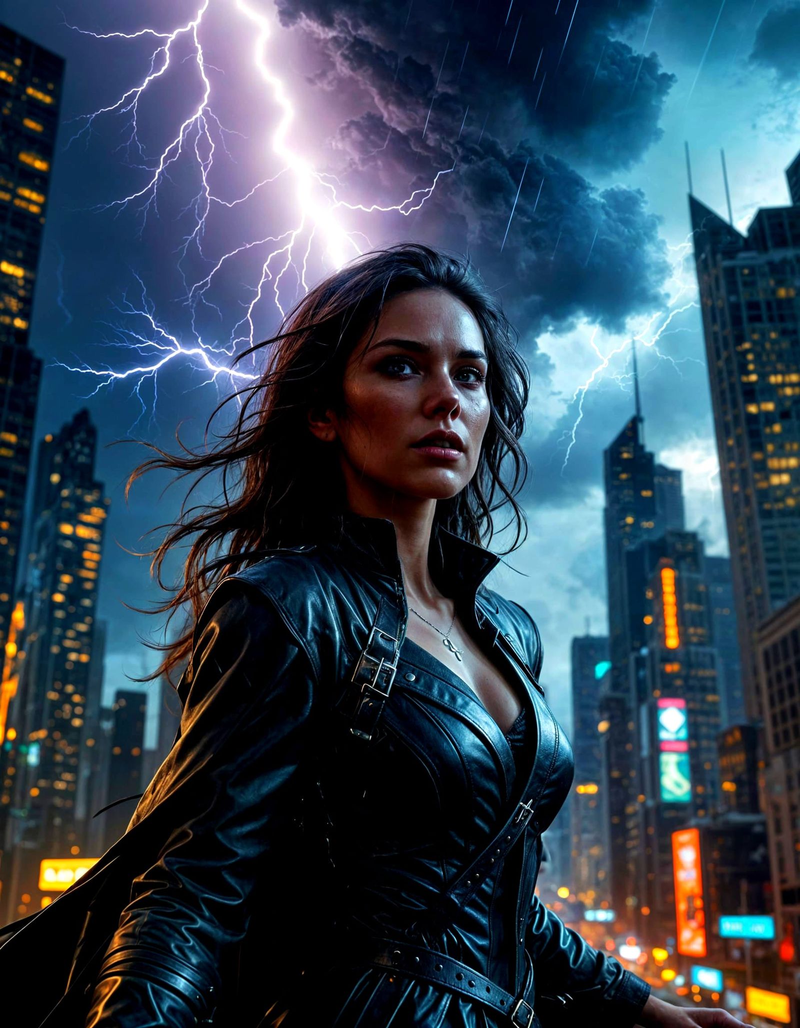 Powerful Witch Conjures Storm Over Futuristic City