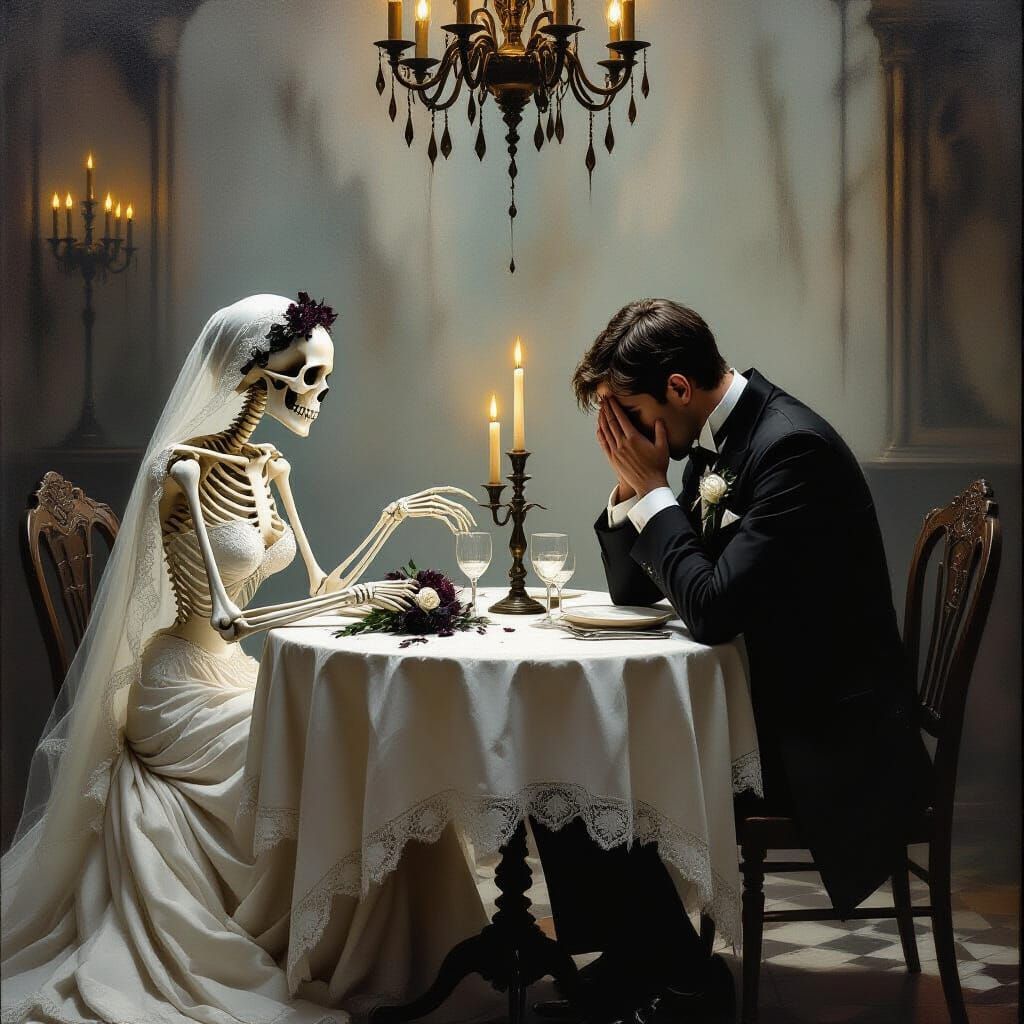 Gothic Romance: Man Weeps for Skeleton Bride in Ballroom