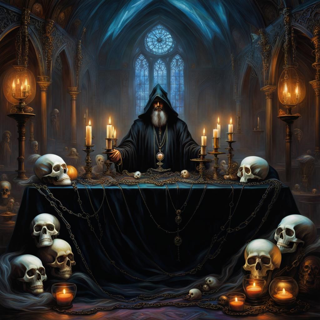 Fantasy Wizard with Ghosts in Waterhouse Style