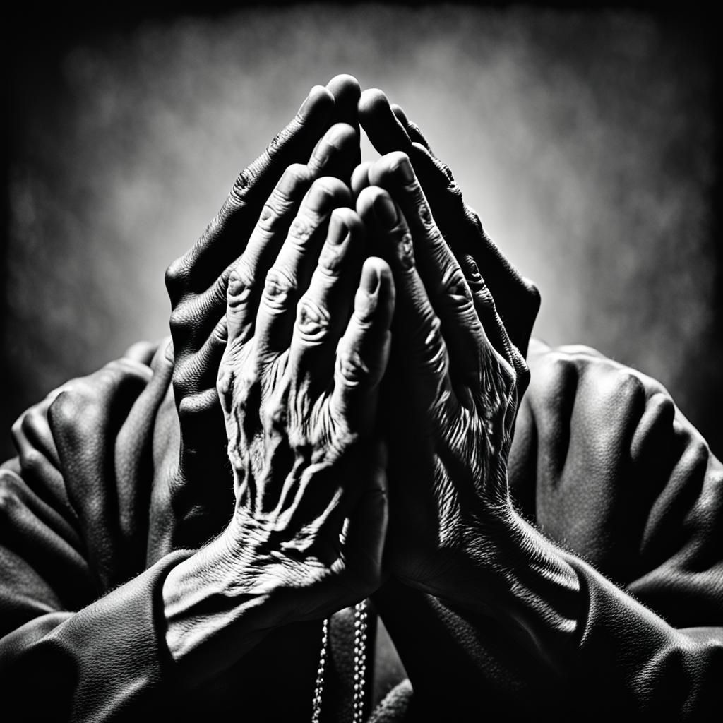 Old Praying Hands in Somber Monochrome
