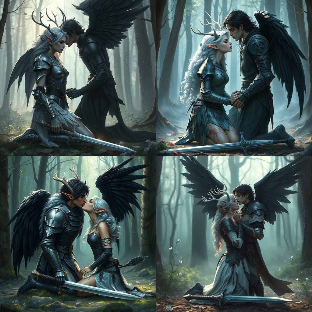 Defeated Elf Knight Comforted by Fallen Angel Guardian