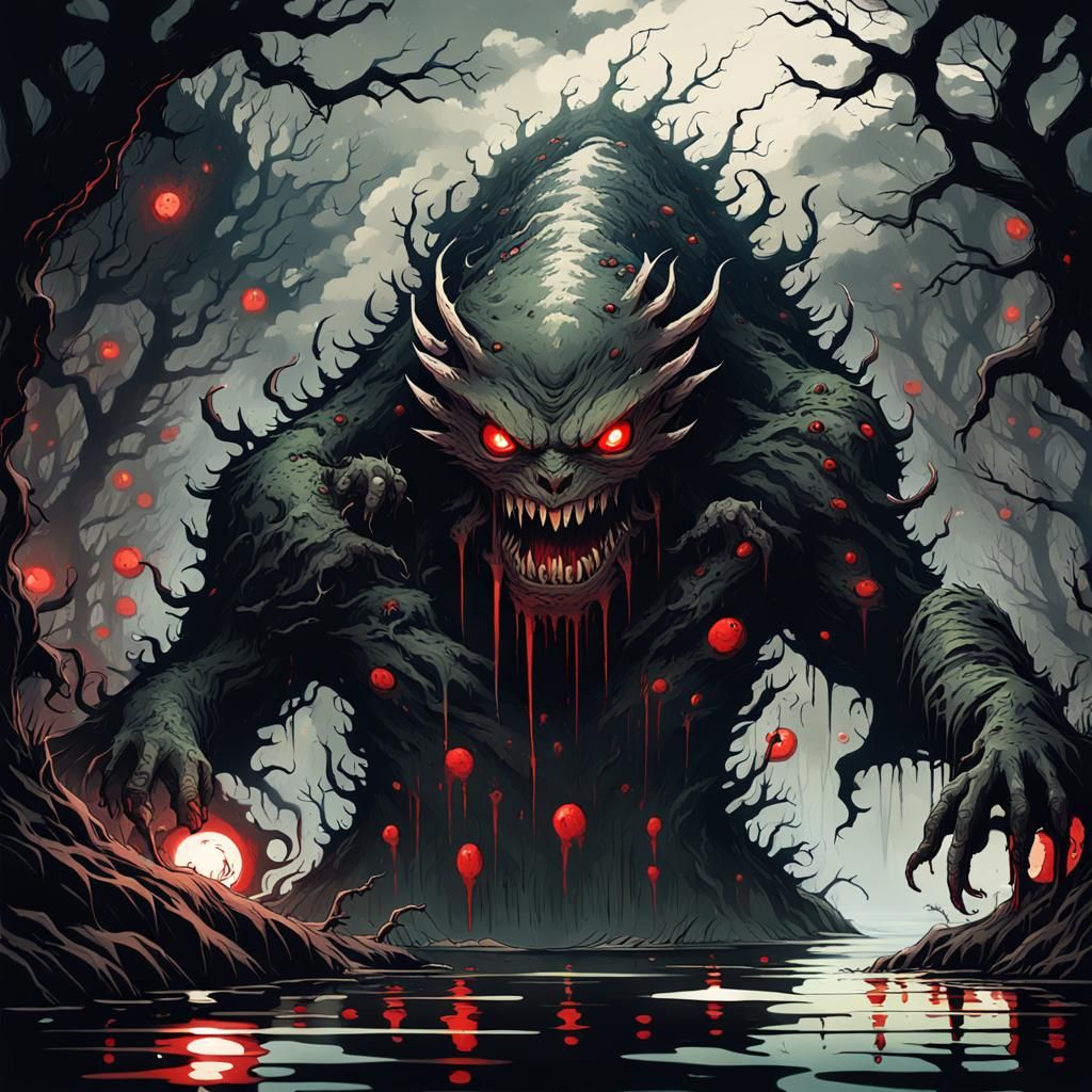 Grotesque River Monster in Dark Fantasy Style