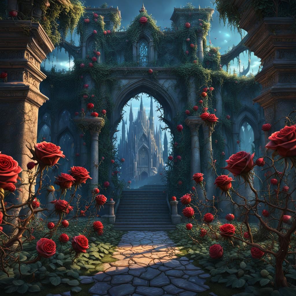 Fantastical Garden of Roses and Thorns in Deep Color