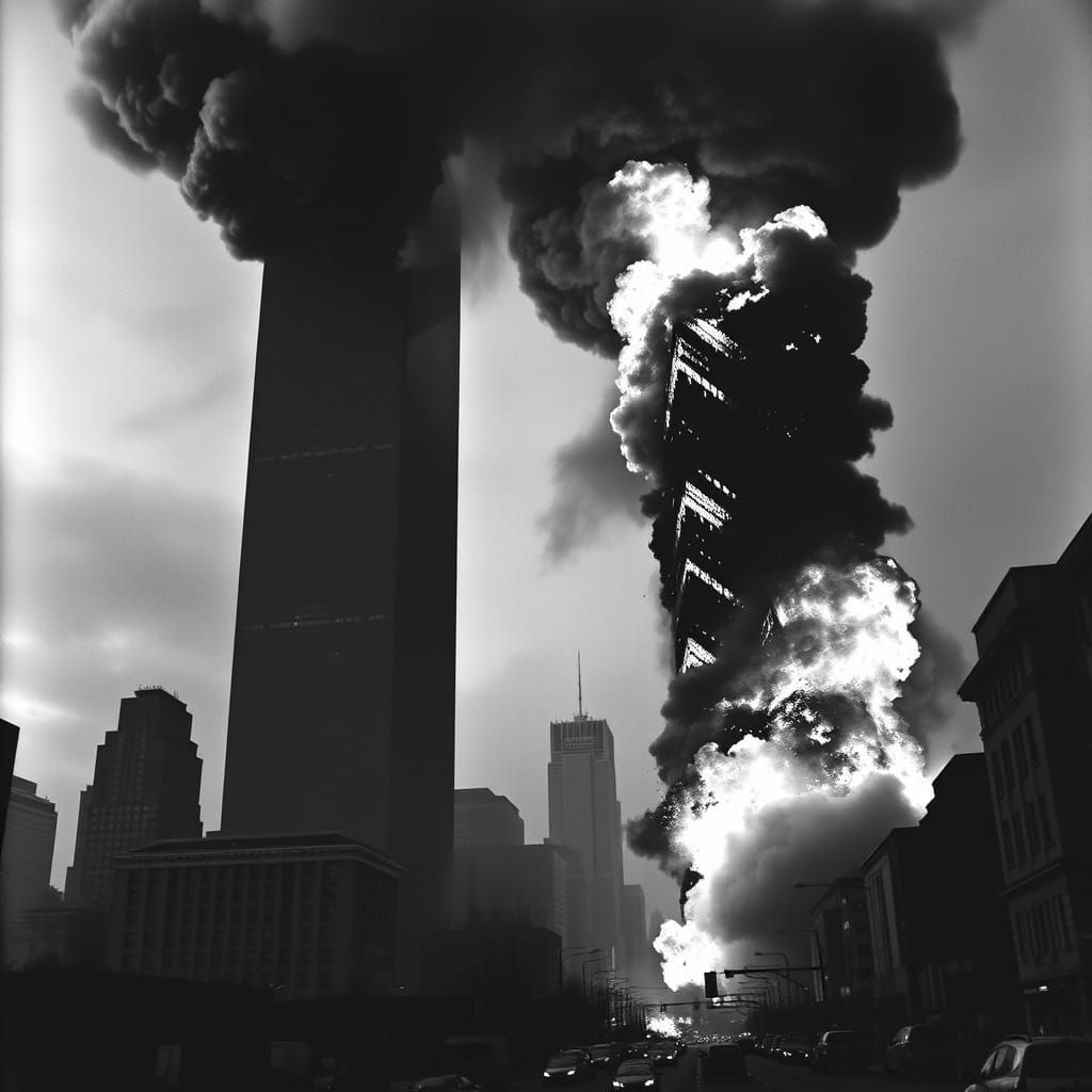 Twin Towers in Ruin, High-Contrast Black and White