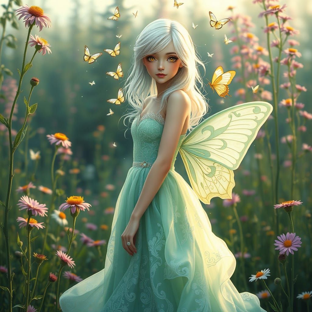 Whimsical Fantasy Maiden in Lush Meadow with Golden Eyes