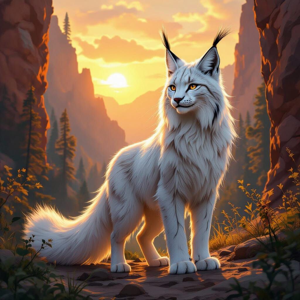 Mythical Lynx in Forested Canyon at Sunrise