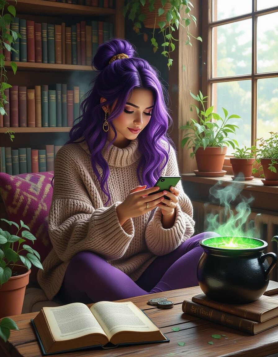 Modern Witch Engrossed in Smartphone Amidst Magical Apartmen...