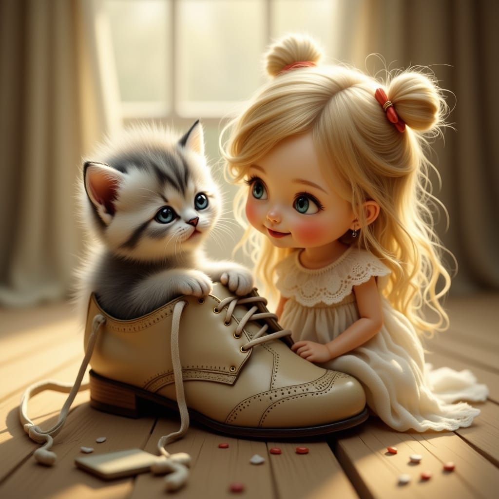 Whimsical Kitten Encounters a Gentle Little Girl in a Vintag...