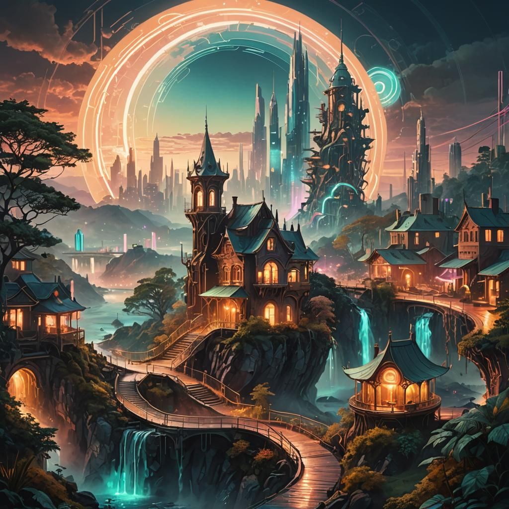 Cyberpunk Cityscape with Ethereal Forest, Digital Art