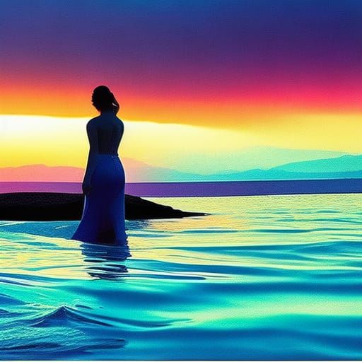 Sunset Sea Scene with Whale and Woman