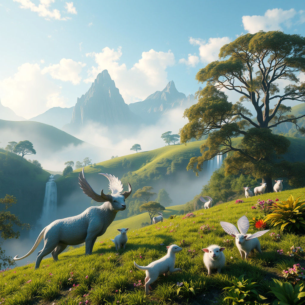 Fantastical Farm with Exotic Livestock in Lush Landscape