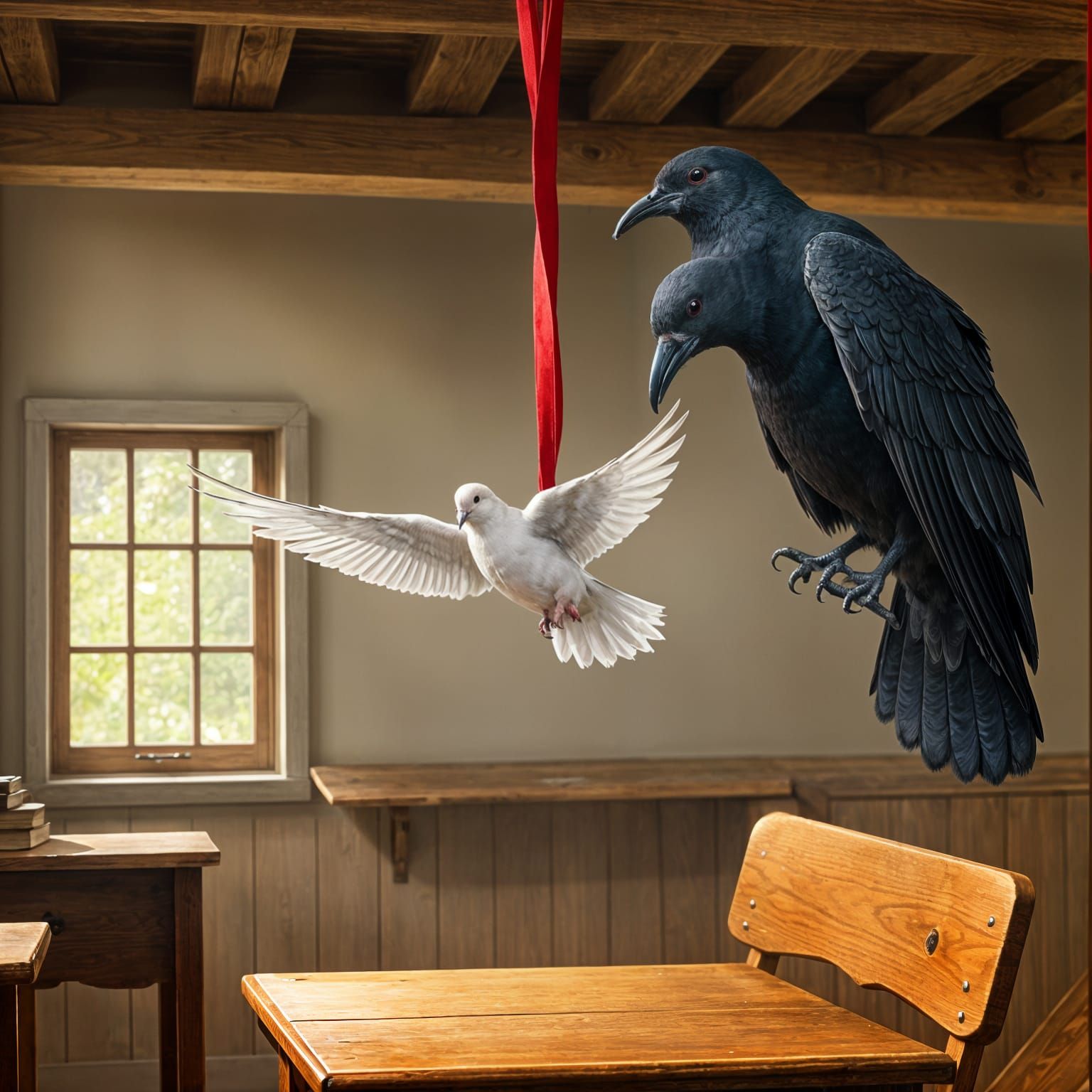 Dove from Above Performs Elegantly on Red Ribbon