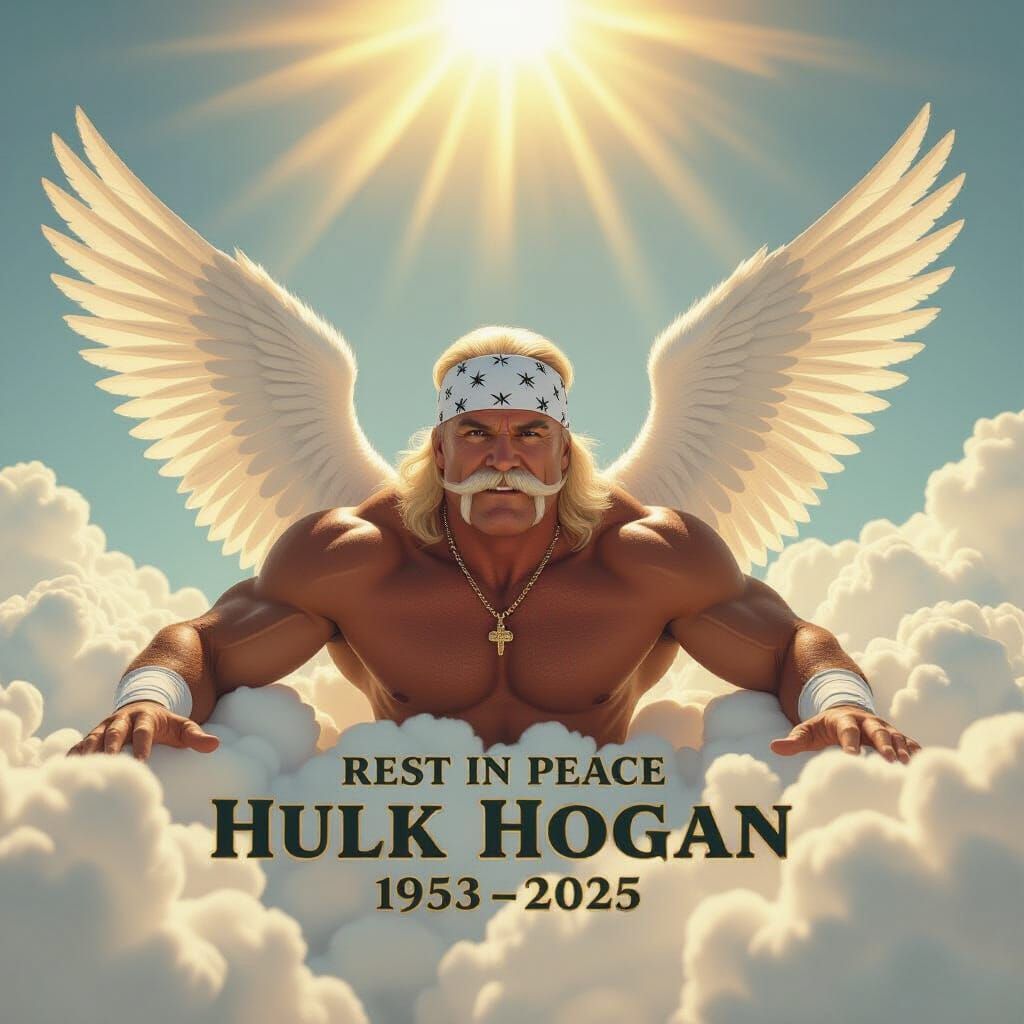 Hulk Hogan with angel wings in the clouds with the words "Rest in Peace Hulk Hogan 1953-2025" printed in caps
