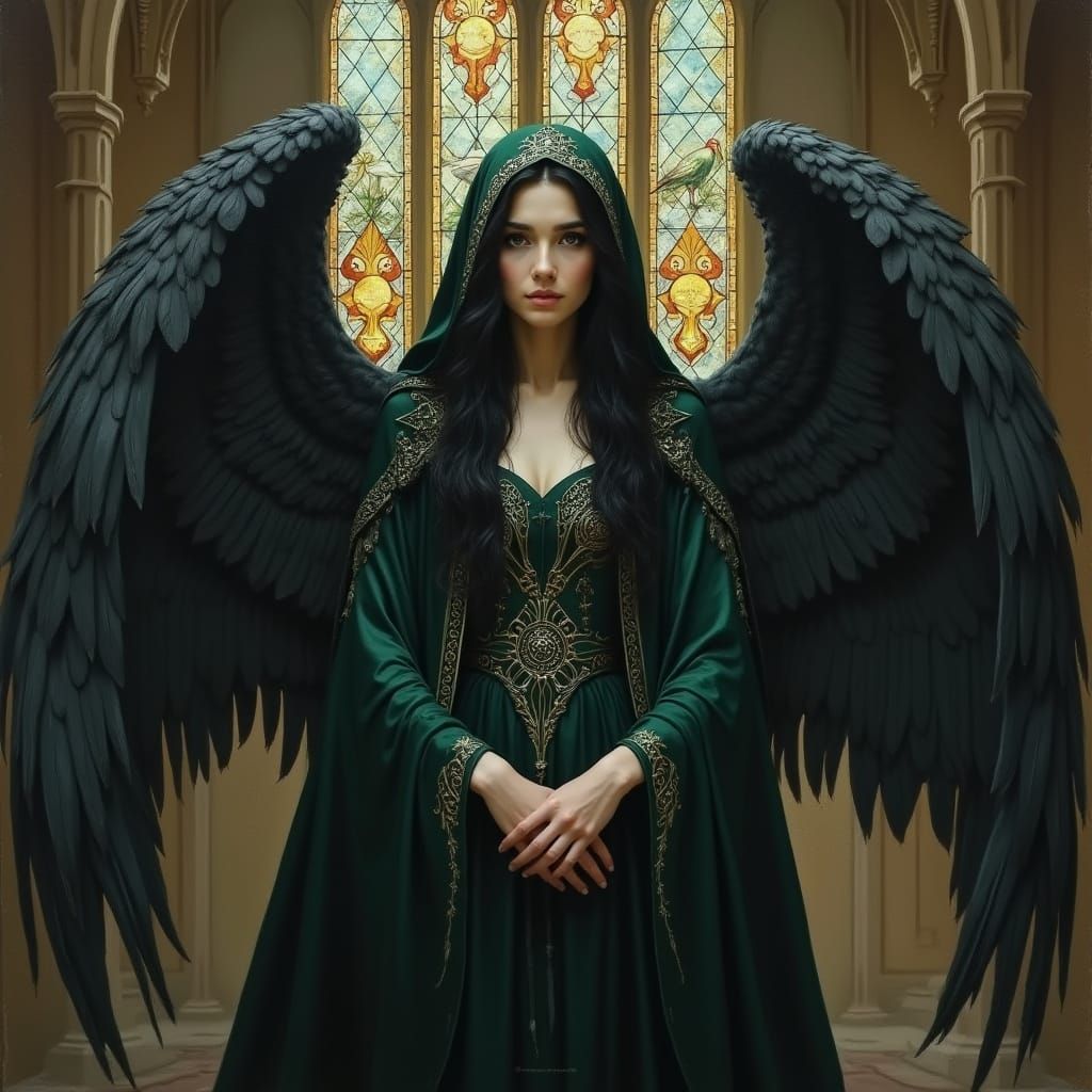 Ethereal Irish Goddess in Opulent Celtic Robes with Angel Wi...