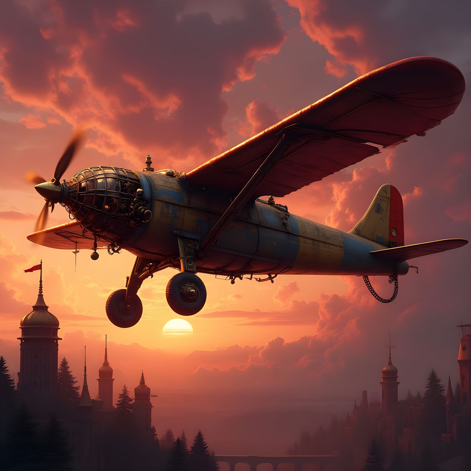 Steampunk Ornithopter Soars Through Vibrant Sunset