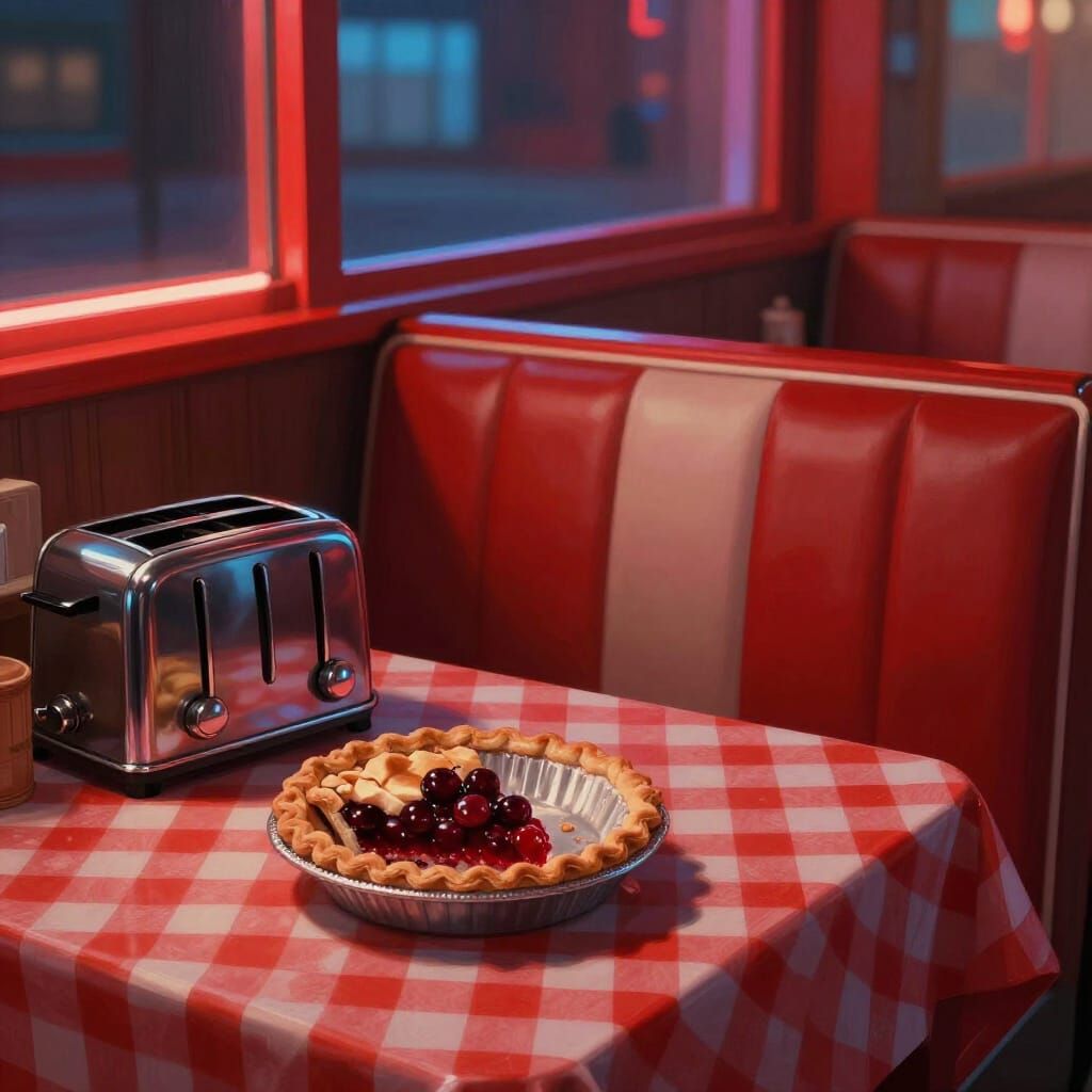 Vintage Diner Scene with Neon Glow and Pie