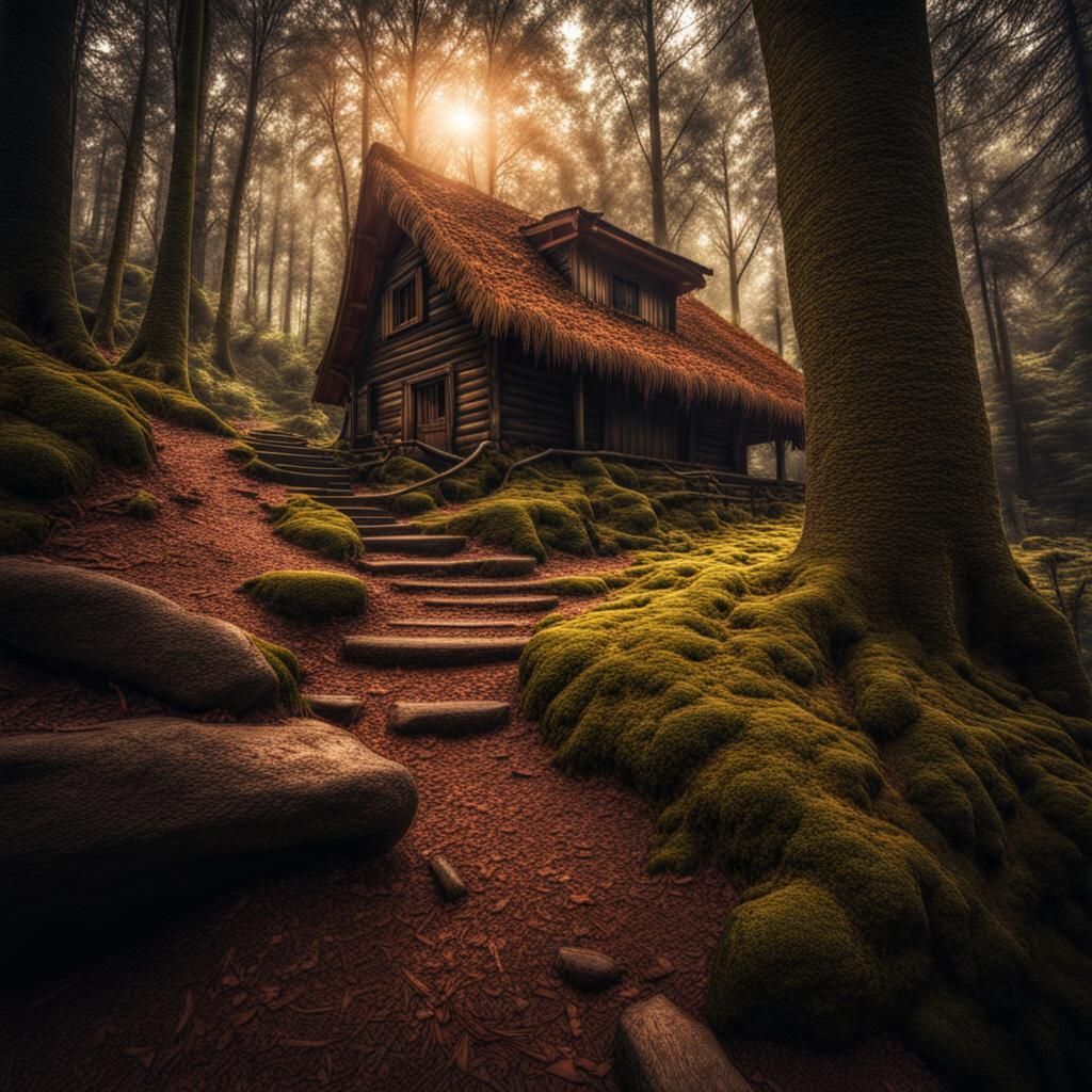 Hyperrealistic Warm Cottage in Forest Scene
