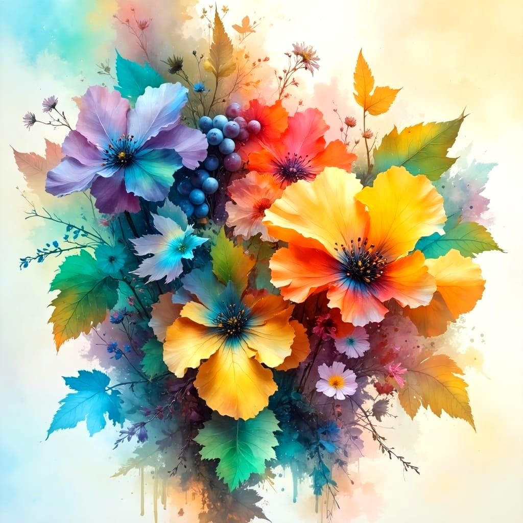 <lora:Colorful-Flux:1.0> Digital fantasy double exposure watercolor (grape clusters) with greenery and flowers in the pe...