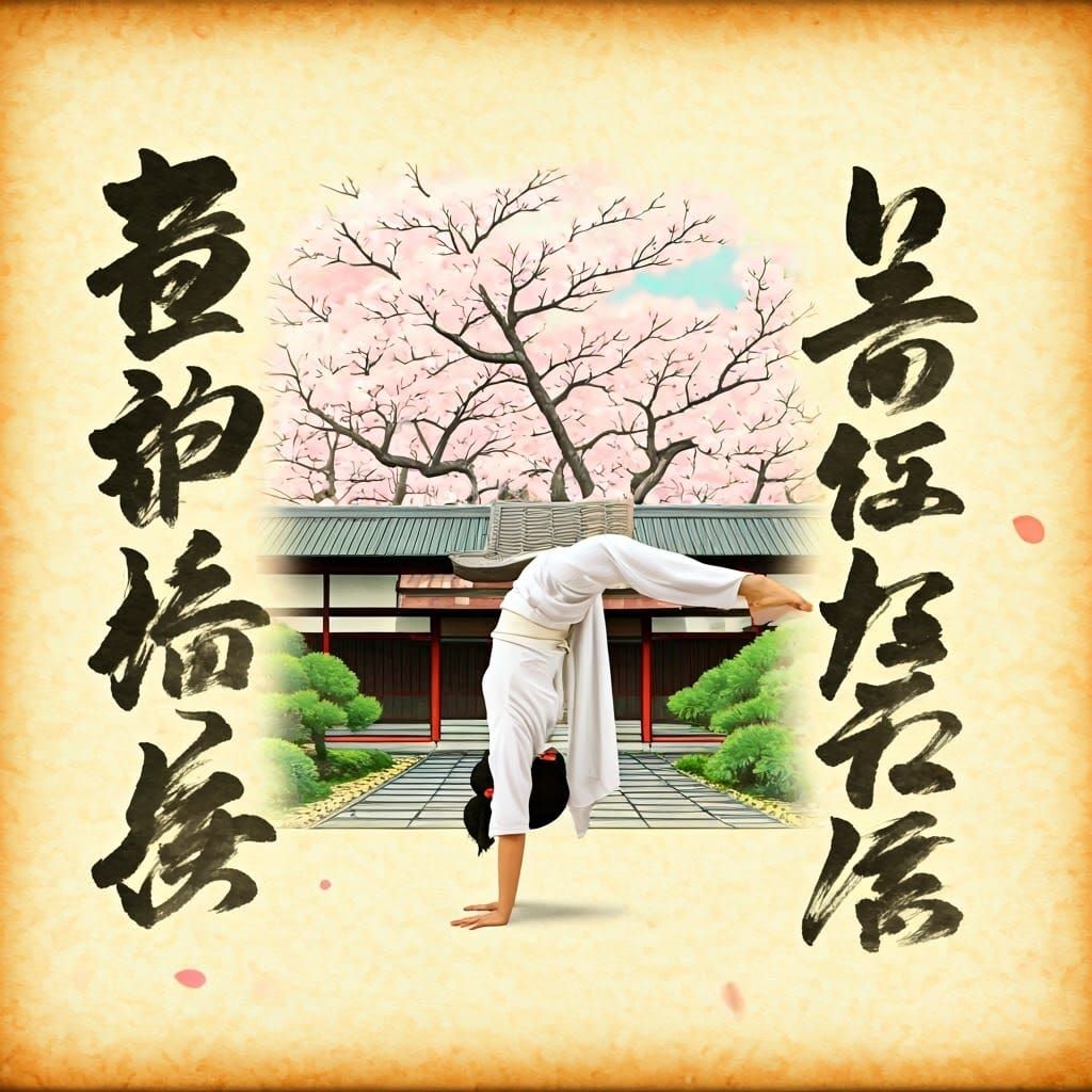 Kimono Woman's Handstand in Japanese Garden
