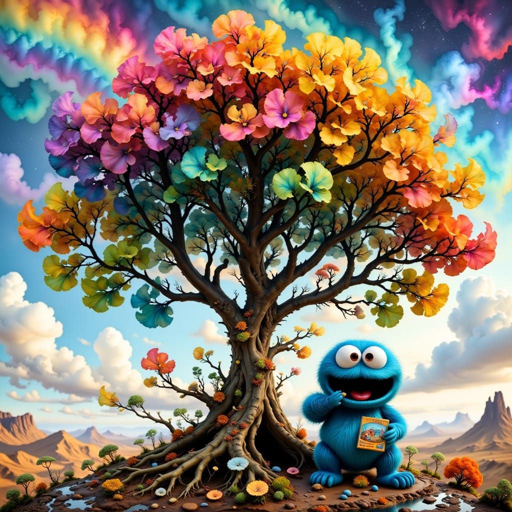 Whimsical Rainbow Tree and Cookie Monster Digital Art