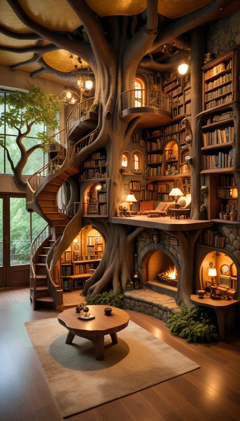 Enchanted Treehouse Library with Whimsical Details