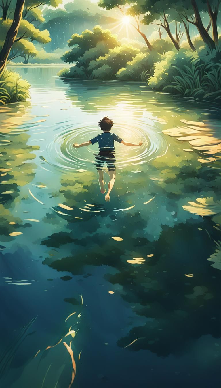 Boy Dives into Lake: Vibrant Anime Illustration