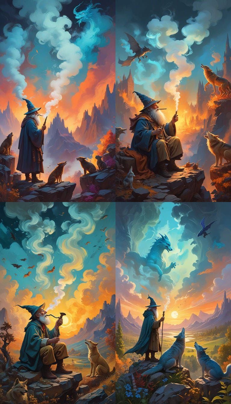 Epic Wizard, Wolves, and Dragons Painting in Gouache Style