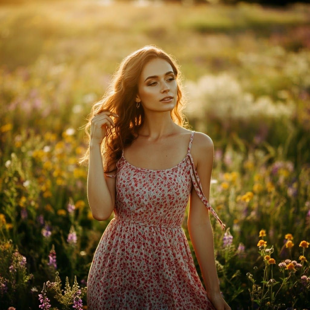Woman in Wildflower Field Bathed in Golden Light