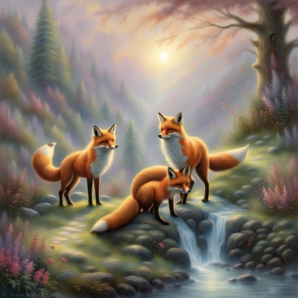 Ethereal Foxes in a Misty Fantasy Landscape