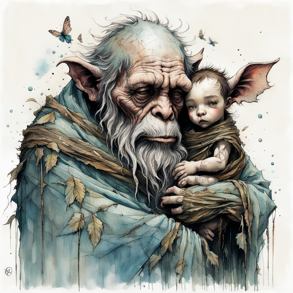 Friendly Giant with Baby: Whimsical Fantasy Art