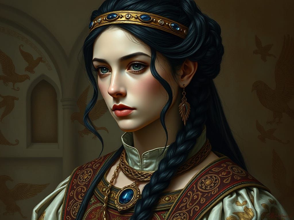 Beautiful woman dressed in 670s A.D. fashion and wearing hai...