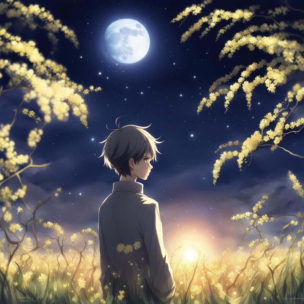 Anime Style: Boy, Moon, and Fireflies