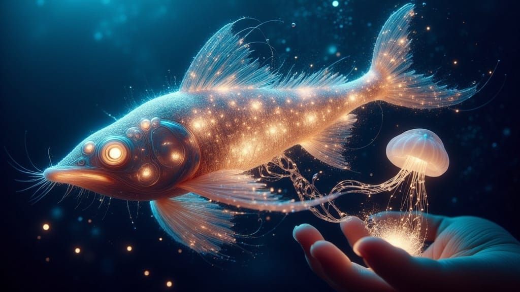 Transparent Fish Eats Glowing Jellyfish Underwater