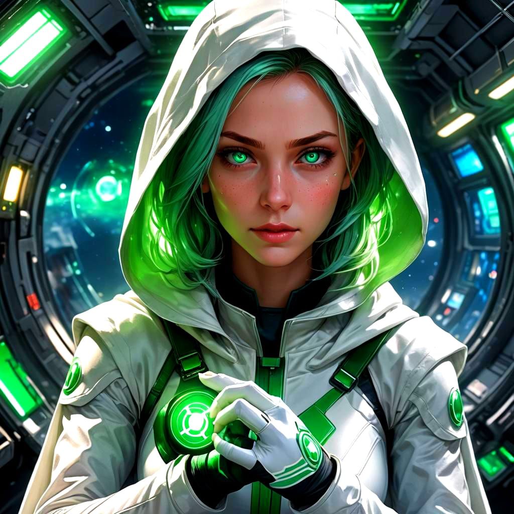 Green Superheroine in Spaceship: 3D Anime Art