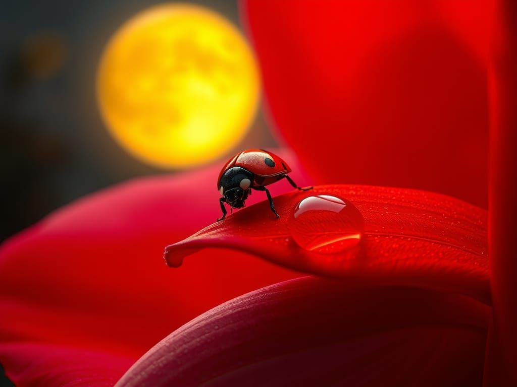 Ethereal Ladybird Amidst Vibrant Rose Petals in Soft Moonlig...